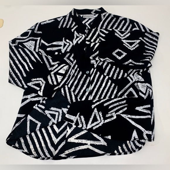 1990s Vintage KATHY CHE Black & White Double Breast Pocket Button Down Top - Picture 13 of 16